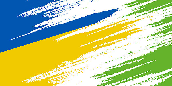 Ukrainische Flaggenfarben (blau und gelb) gehen in das Grün von persona service über